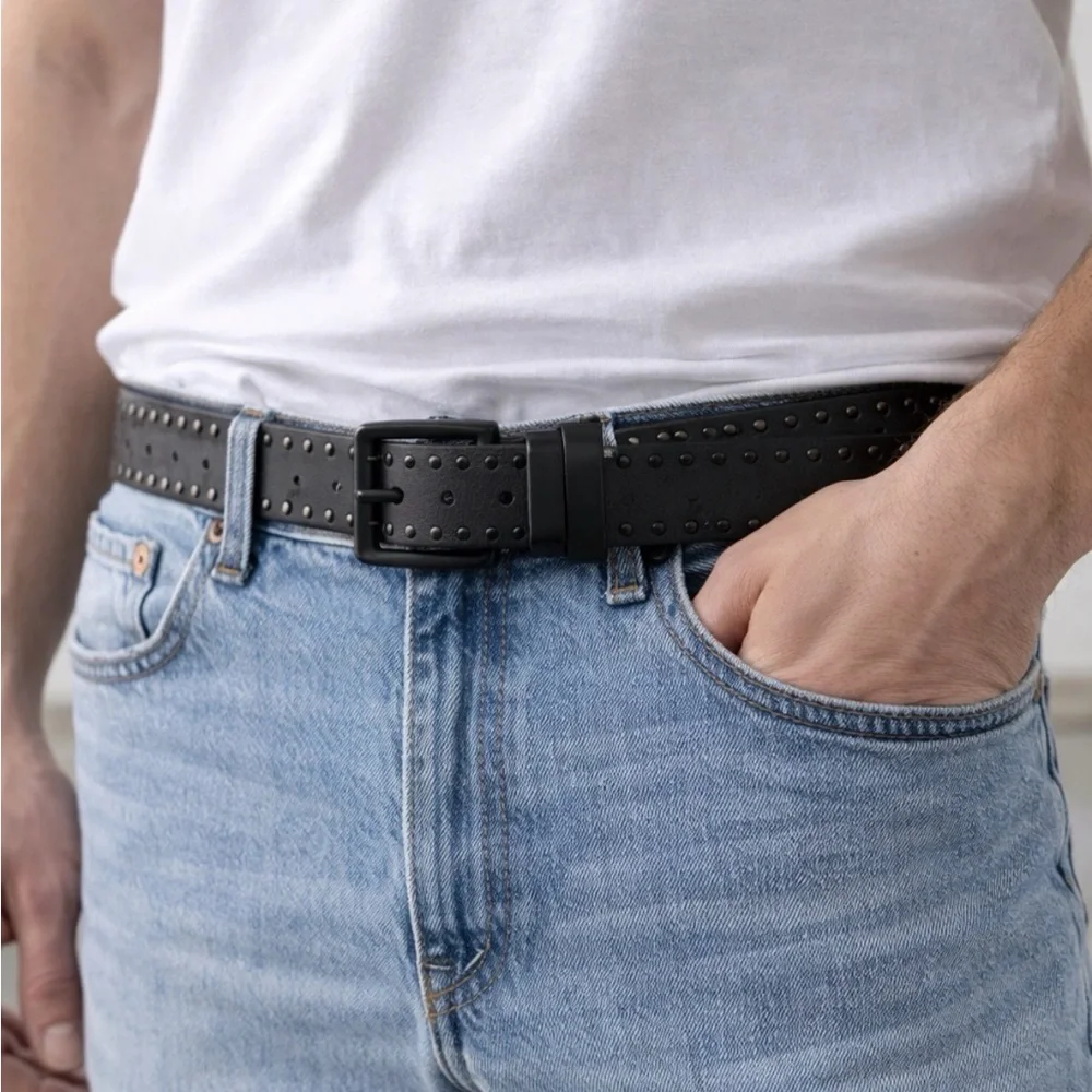 AllSaints Men’s 42.5” Black Leather Studded Belt Punk Minimal (B134)✨